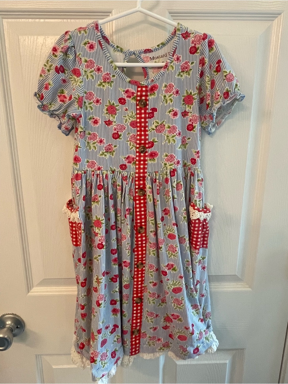 Mustard Pie Blue and Red Rose-Print Stripe Dress
